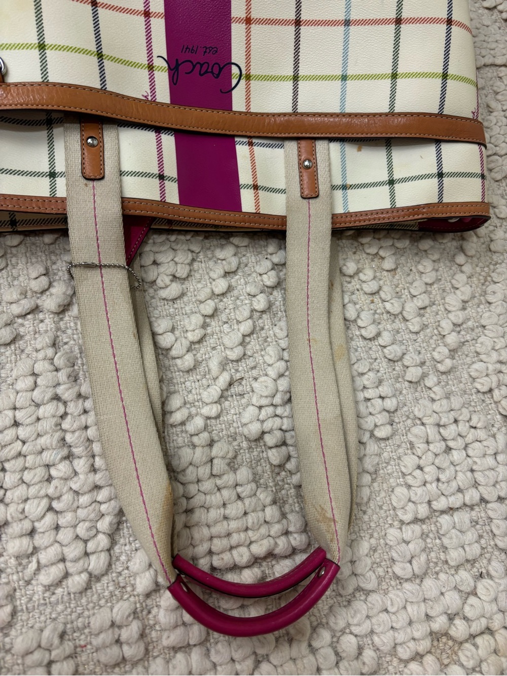 Coach Cream Plaid Canvas Tote with Pink Center Stripe and Tan Trim - Picture 5 of 14